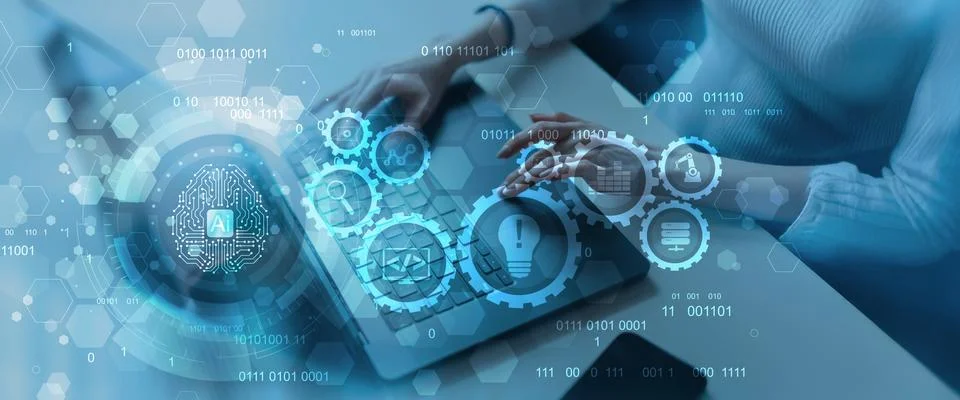 Artificial Intelligence and Automation Workflow System Illustrated on a Digit Stock Photos