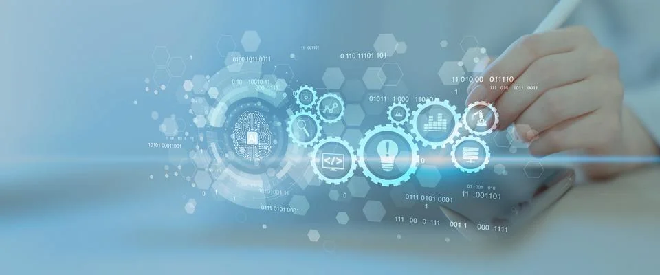 Artificial Intelligence and Automation Workflow System Illustrated on a Dig.. Foto stock