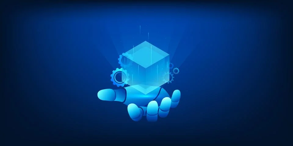 Artificial Intelligence and Blockchain Technology Concept, Robot Hand Holdi.. Stockillustratie