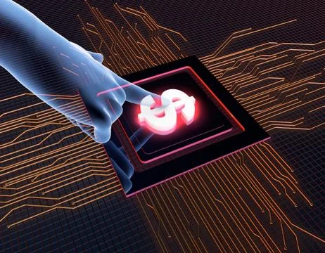 Artificial intelligence and circuits, dollar signs, data transmission Illustrazione stock