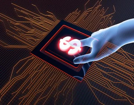 Artificial intelligence and circuits, dollar signs, data transmission Stock Illustration