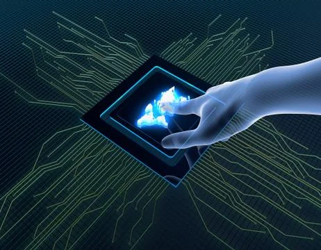 Artificial Intelligence and Circuits, World Map, Data Transmission Illustrazione stock
