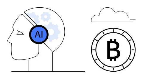 Artificial Intelligence and Cryptocurrency Integration Head with AI Gear an.. Stockillustratie