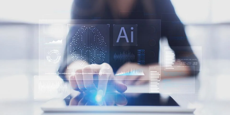 Artificial Intelligence and Data Analysis Displayed on a Virtual Interface. Stock Photos