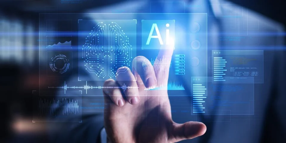 Artificial Intelligence and Data Analysis Displayed on a Virtual Interface. 스톡 사진