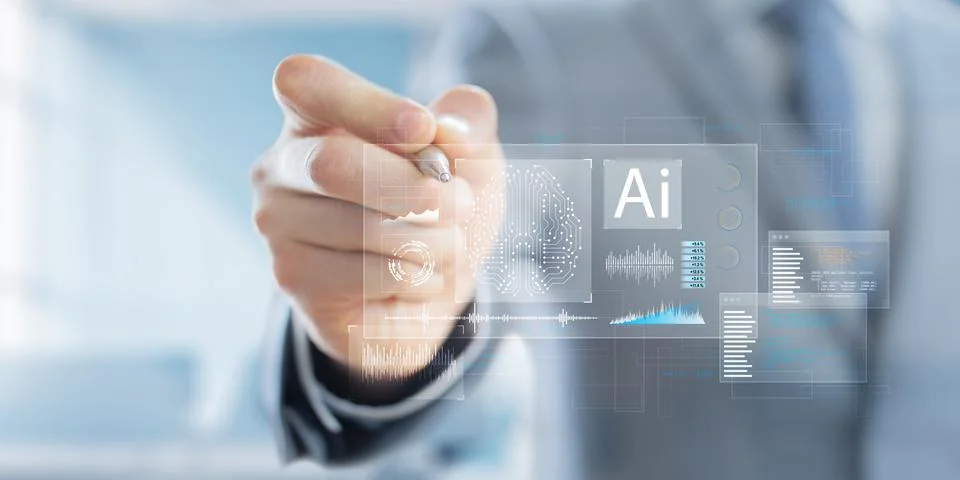 Artificial Intelligence and Data Analysis Displayed on a Virtual Interface. Stock Photos