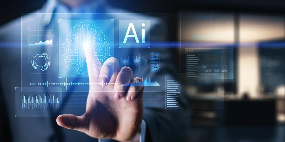 Artificial Intelligence and Data Analysis Displayed on a Virtual Interface. Foto stock