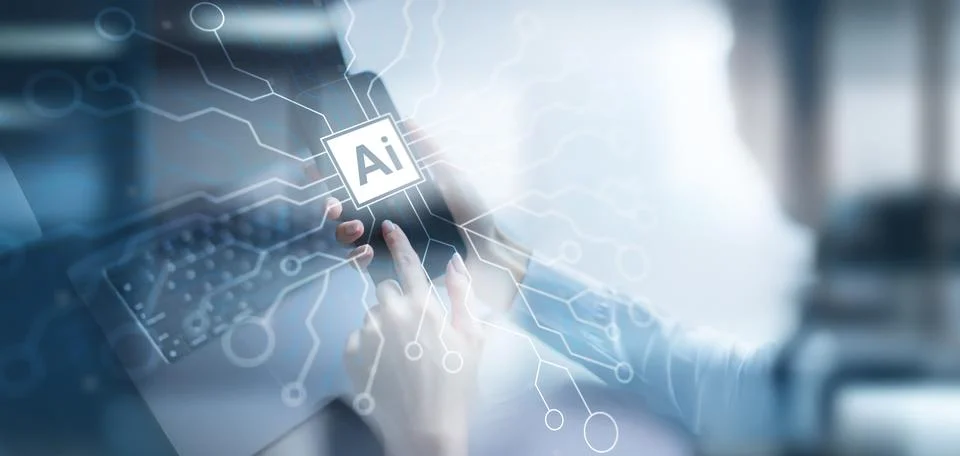 Artificial Intelligence and Data Analysis in Digital Workspaces. Stock Photos