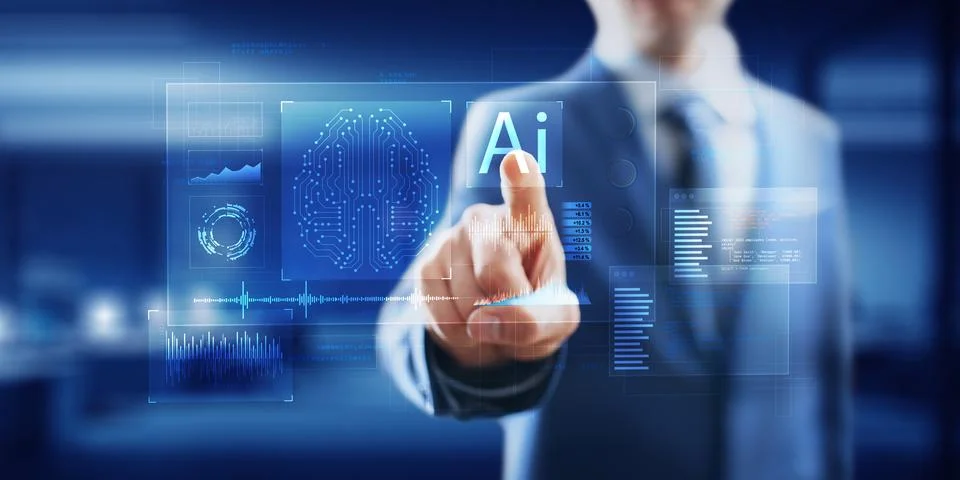 Artificial Intelligence and Data Analysis Displayed on a Virtual Interface. Stock Photos