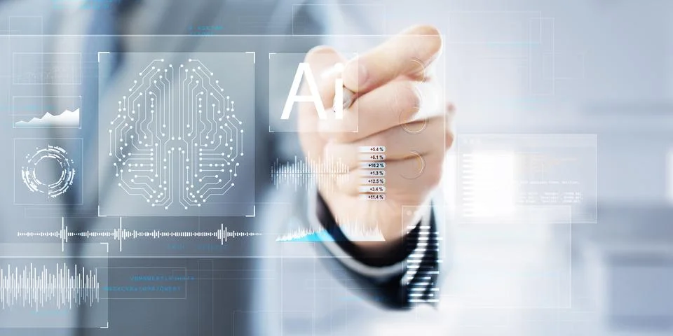 Artificial Intelligence and Data Analysis Displayed on a Virtual Interface. Stock Photos