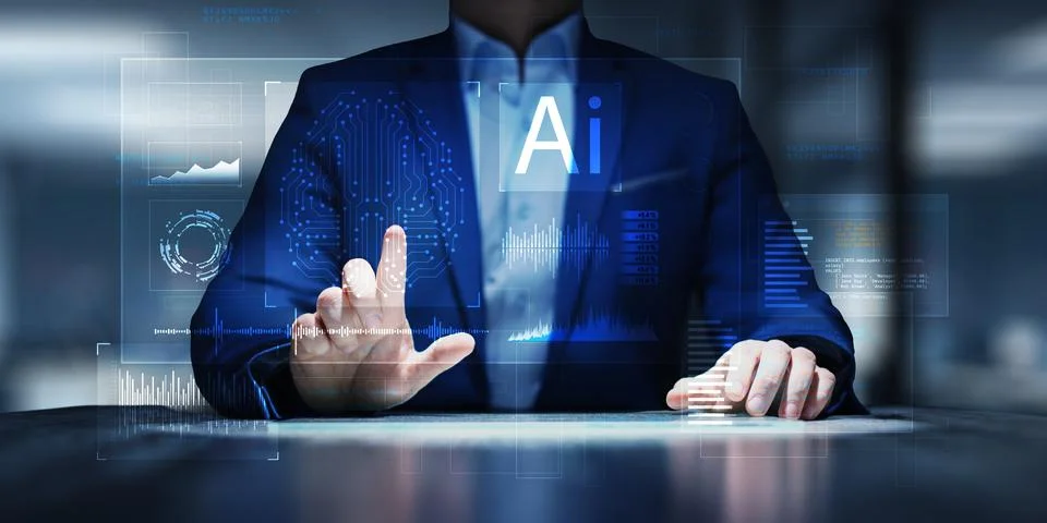 Artificial Intelligence and Data Analysis Displayed on a Virtual Interface. Stock Photos