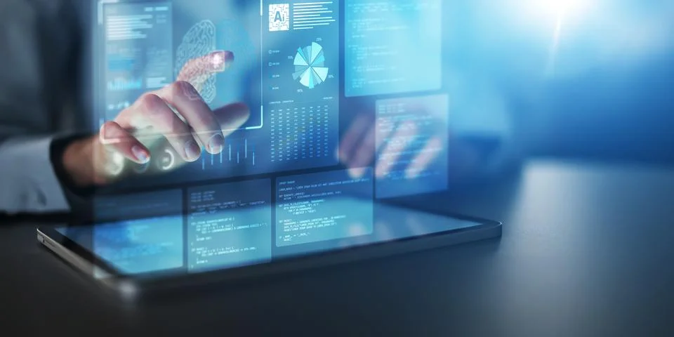 Artificial Intelligence and Data Analytics Dashboard with Neural Network Visu 스톡 사진