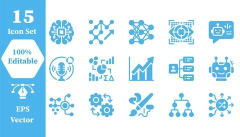 Artificial intelligence and data network icon set with artificial, intelligen Stock Illustration