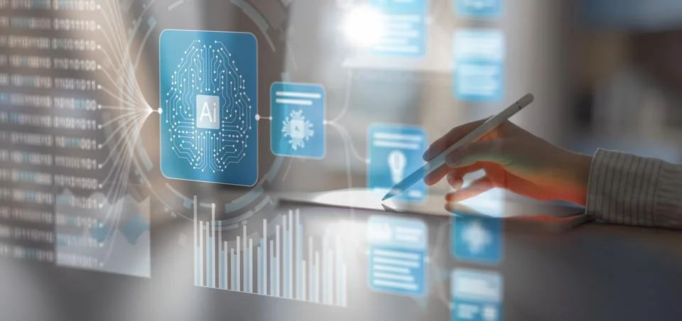 Artificial Intelligence and Data Processing Interaction on a Digital Touchscr Stock Photos