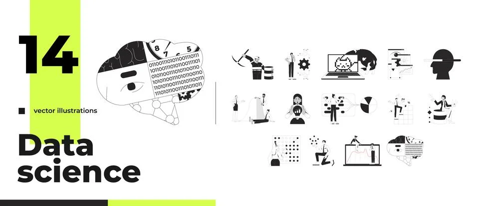 Artificial intelligence and data science outline illustrations bundle Illustrazione stock