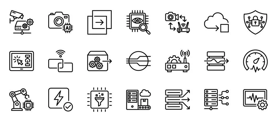 Artificial Intelligence and Data Server Network Linear Vector Icon Set イラスト素材