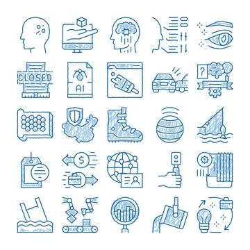 Artificial intelligence and data technology doodle icons Illustrazione stock