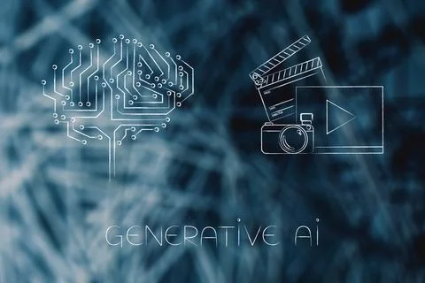 Artificial intelligence and deep learning, microchip brain next to photo an.. Illustrazione stock