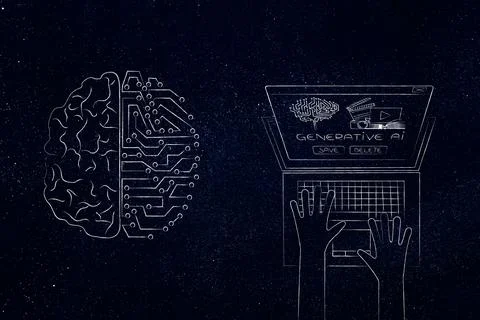 Artificial intelligence and deep learning, half human half robot brain next.. Stock Illustration