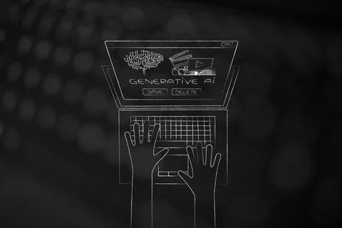 Artificial intelligence and deep learning,  laptop with generative AI pop-u.. Stock Illustration