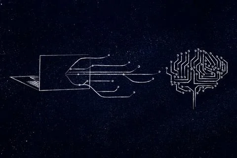 Artificial intelligence and deep learning ,  microchip brain next to laptop.. Stock Illustration