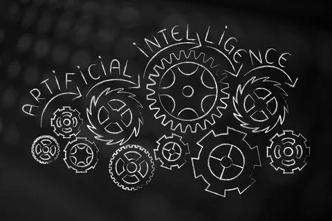 Artificial intelligence and deep learning ,  gearwheel mechanism with text .. Illustrazione stock