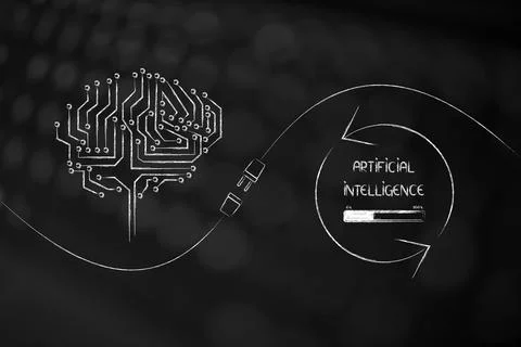 Artificial intelligence and deep learning ,  microchip brain next to plug a.. Illustrazione stock
