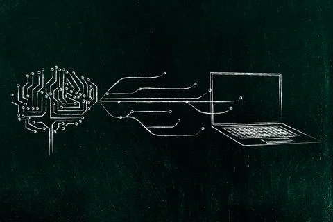Artificial intelligence and deep learning ,  microchip brain next to laptop.. Illustrazione stock