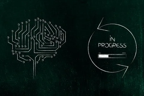 Artificial intelligence and deep learning, microchip brain with In Progress.. Stock Photos