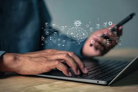 Artificial intelligence and digital data are highlighted as a key component.. Foto stock