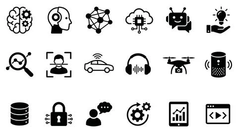 Artificial intelligence and digital technology flat black icon set collection 스톡 일러스트