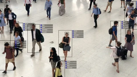 Artificial intelligence and facial recognition used for surveillance purposes. Stock Footage 98763612