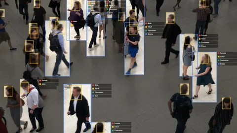 Artificial intelligence and facial recognition used for surveillance purposes. Stock Footage 98764167