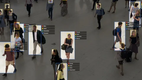 Artificial intelligence and facial recognition used for surveillance purposes. Stock Footage 98764205