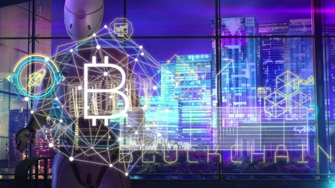 Artificial intelligence and infographics about blockchain, 3D render. Stock Footage 212637213