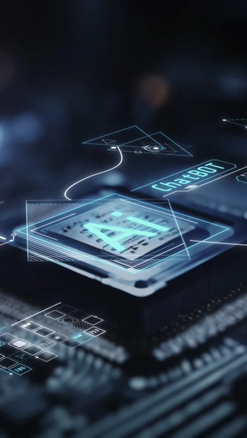Artificial intelligence and its processor, infographics in 3D space. Stock Footage 318724975