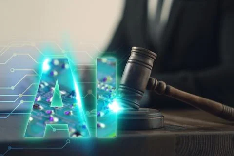 Artificial intelligence and law. AI abbreviation and wooden gavel. Judge wo.. Stock Photos
