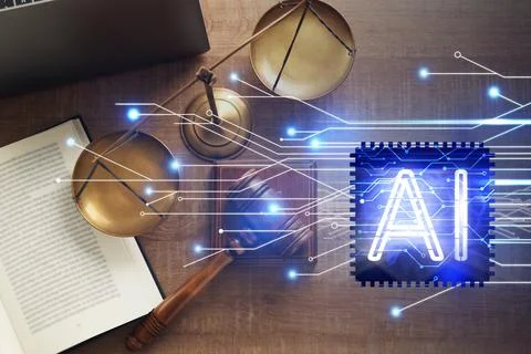 Artificial intelligence and law. AI abbreviation and judge's table with gav.. Stock Photos