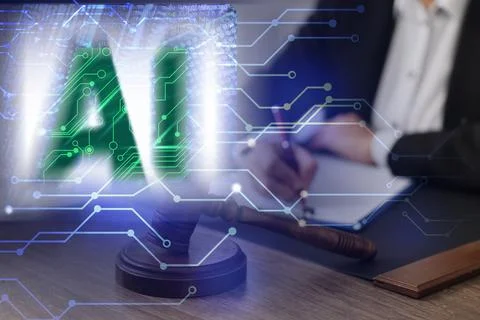 Artificial intelligence and law. AI abbreviation and judge writing, double .. Stock Photos