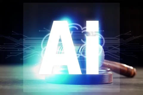 Artificial intelligence and law. AI abbreviation and judge's gavel Stock Photos
