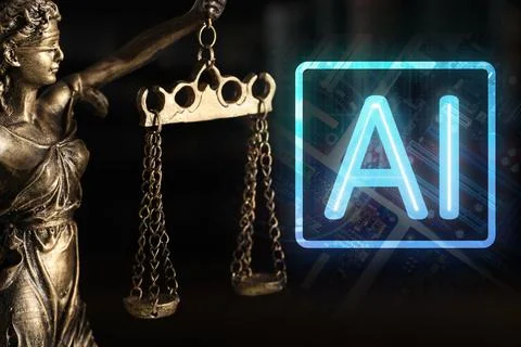 Artificial intelligence and law. Statue of Lady Justice and AI abbreviation Stock Photos