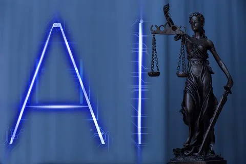 Artificial intelligence and law. Statue of Lady Justice and AI abbreviation Stock Photos