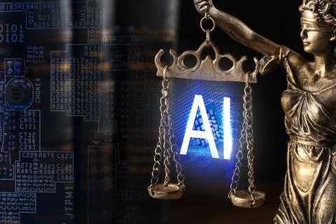 Artificial intelligence and law. Statue of Lady Justice with AI abbreviation Stock Photos