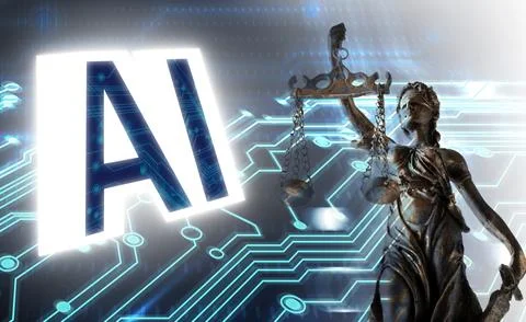 Artificial intelligence and law. Statue of Lady Justice and AI abbreviation.. 스톡 사진