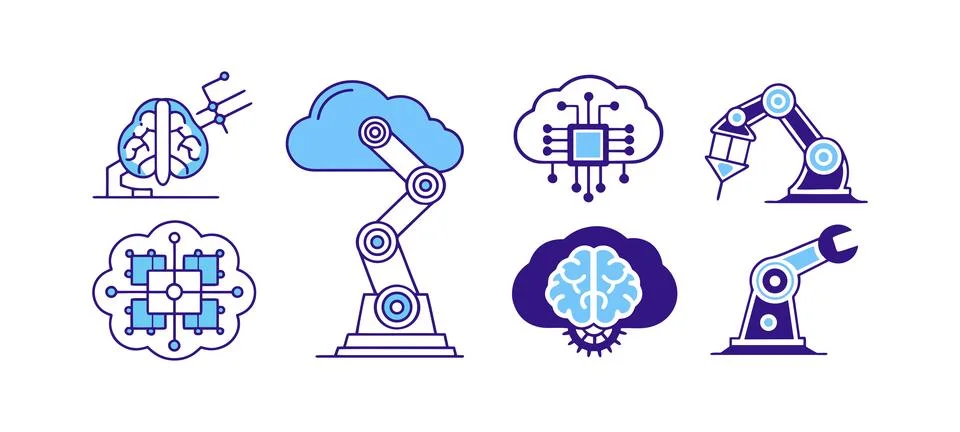 Artificial intelligence and machine learning icons isolated on white background Stock Illustration