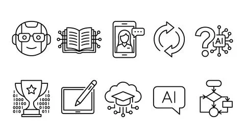Artificial intelligence and machine learning technology icon collection. Illustrazione stock