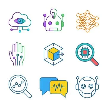 Artificial Intelligence and Machine Learning Thin Line Icon Set featuring AI Illustrazione stock