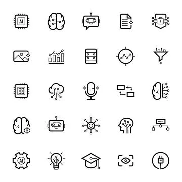 Artificial intelligence and machine learning line icons set 스톡 일러스트