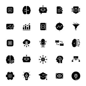 Artificial intelligence and machine learning filled icons set 스톡 일러스트