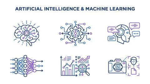 Artificial intelligence and machine learning technology line icon set Stock Illustration